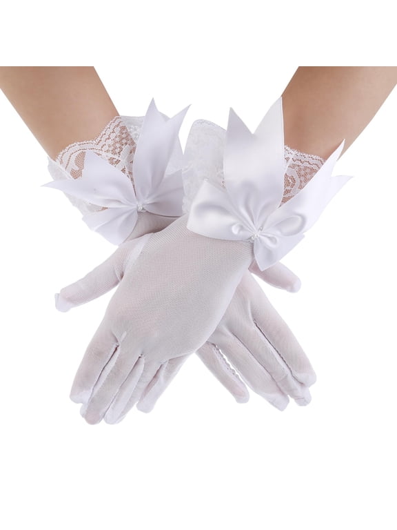 Women Party Bow Lace Gloves Full Finger Gloves Net Texture Fishnet Gloves Floral Lace Gloves Elegant Mesh Dress Up Gloves Tea Party Accessories Vintage Gloves Ruffle Cuff White One Size