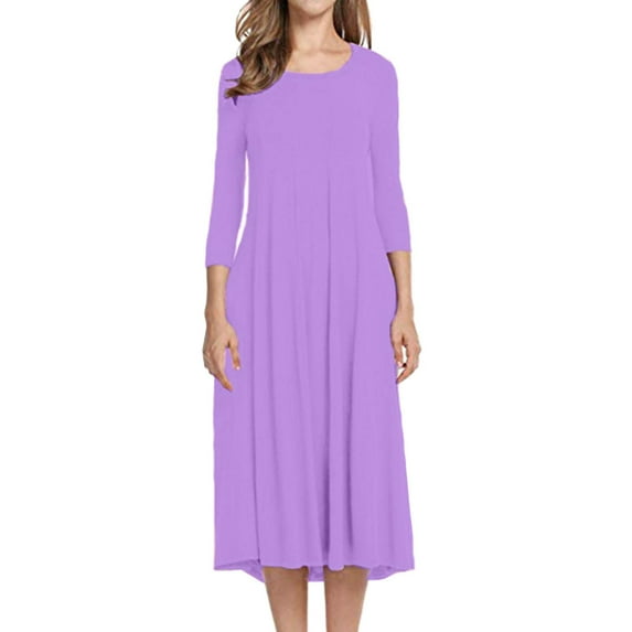 MSJUHEG Women'S Casual Dresses Fall Dresses Women'S Fashion Casual Solid Dress Round Neck Long Sleeve Mid Calf Swing Dress Womens Dresses C S