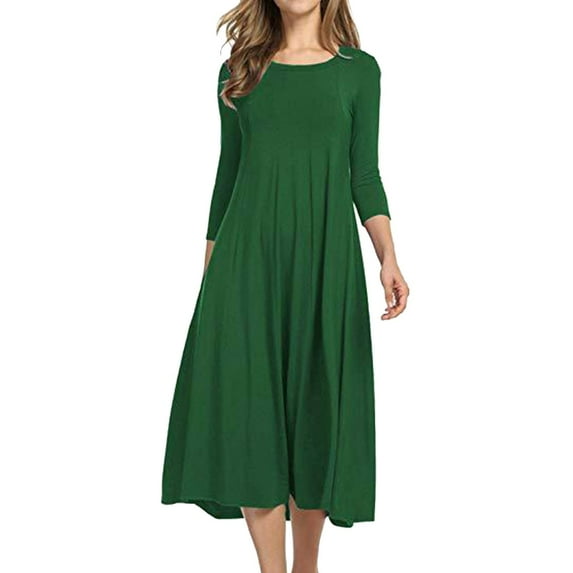 MSJUHEG Women'S Casual Dresses Green Dress Women'S Fashion Casual Solid Dress Round Neck Long Sleeve Mid Calf Swing Dress Womens Dresses Army Green L
