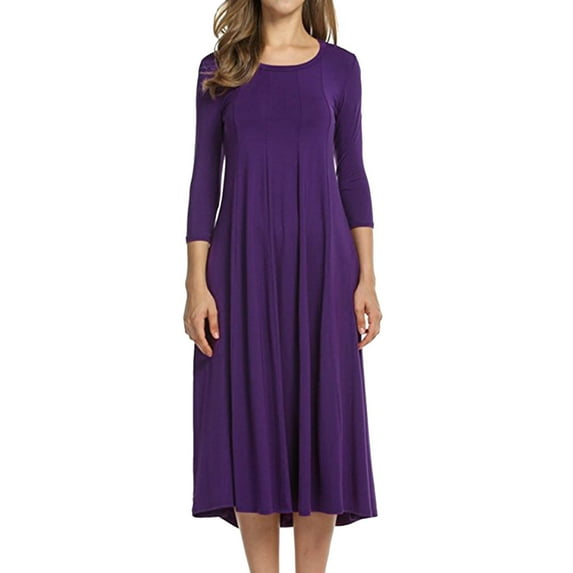 MSJUHEG Women'S Casual Dresses Purple Dress Women'S Fashion Casual Solid Dress Round Neck Long Sleeve Mid Calf Swing Dress Womens Dresses Purple M