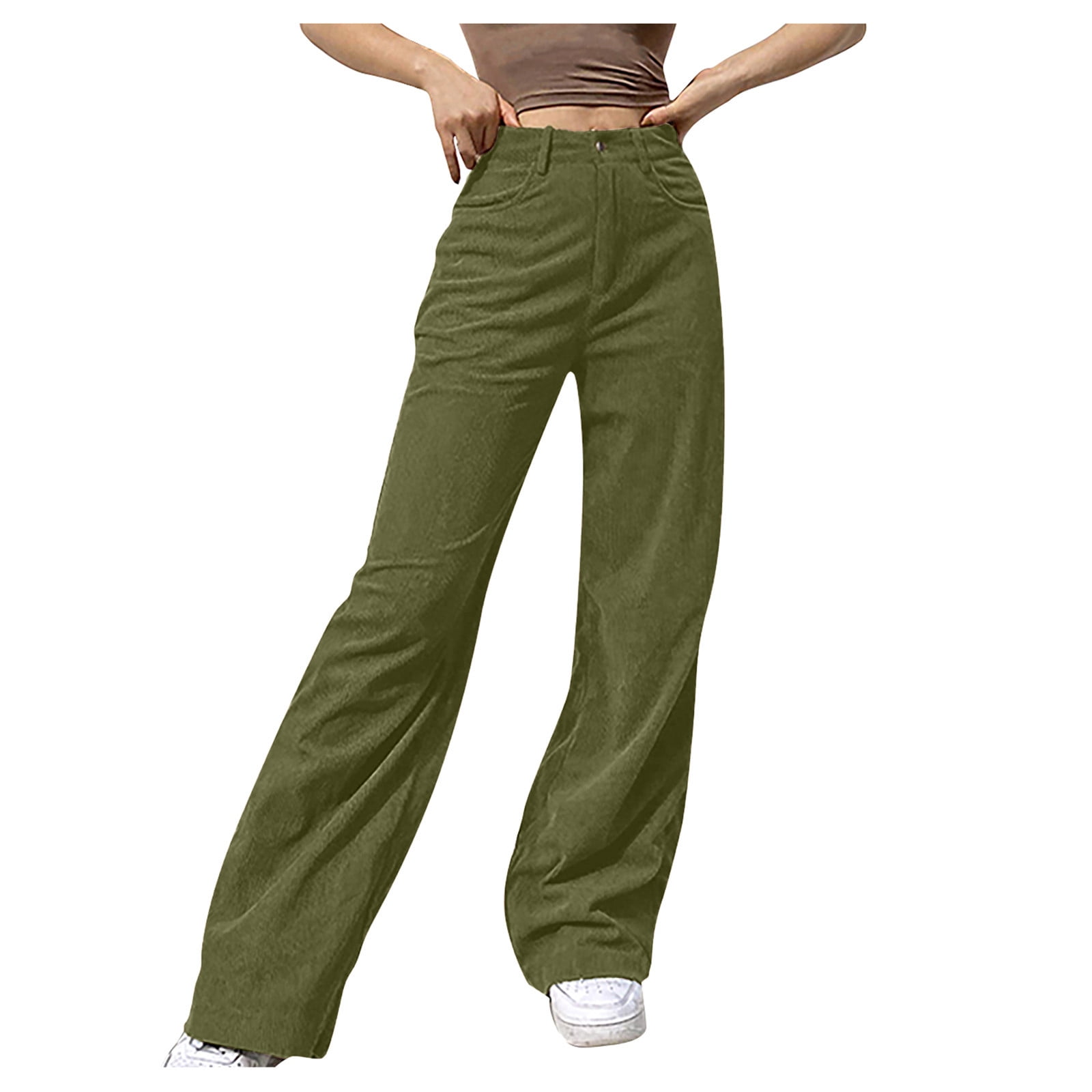 MSJUHEG Women'S Pants Pants For Women Solid Mid Waisted Wide Leg Pants  Straight Baggy Trousers Corduroy Pants For Women Green S 