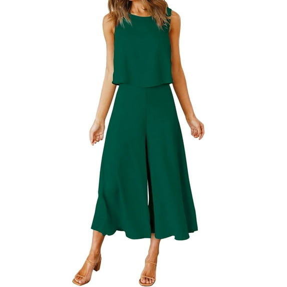 MSJUHEG Women'S Pants Pants For Women Women Sleeveless Tank O Neck Top Short Button Top Wide Leg Pants Pocket Two Piece Suit Fall Dresses Green S
