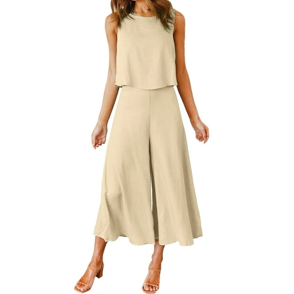 MSJUHEG Women'S Pants Pants For Women Women Sleeveless Tank O Neck Top Short Button Top Wide Leg Pants Pocket Two Piece Suit Fall Dresses Khaki Xl