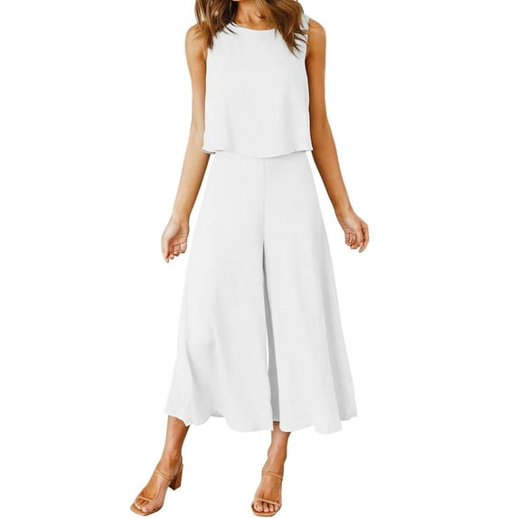 MSJUHEG Women'S Pants Pants For Women Women Sleeveless Tank O Neck Top Short Button Top Wide Leg Pants Pocket Two Piece Suit Fall Dresses White L