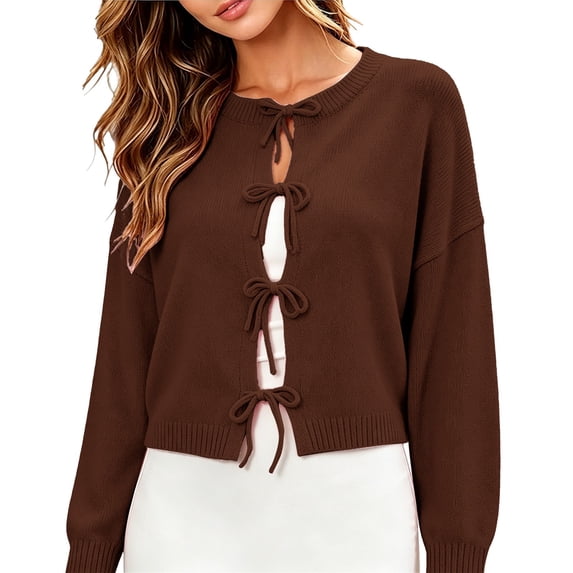 MSJUHEG Women's Bow Tie Front Sweater Long Sleeve Coat Women's Shrug Sweaters Lightweight Cardigans Hollow Out Bolero Shrug Summer Boleromesh Sweaters Swimwear Cover Ups Cover Up Top Coffee L
