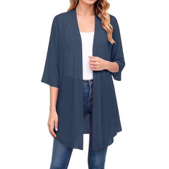 MSJUHEG Women’s Puff Sleeve Kimono Cardigan 3/4 Sleeve Tops Sparkle Cardigan Thin Shrugs Open Front Cropped Sheer Chiffon Shrug Open Front or Tie?? Knit Shrug Women's Cardigans Navy L