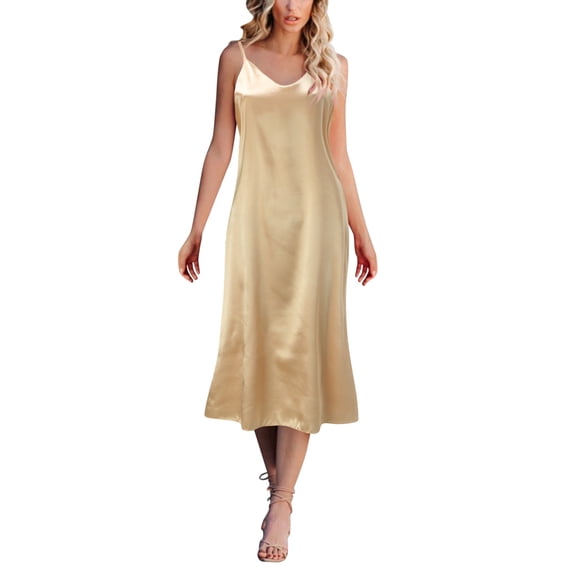 MSJUHEG Women's Satin Dress Adjustable Spaghetti Strap Nightgown Silky Under Dresses Rose Gold XL