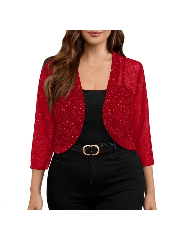 Women's Short Bolero Cardigan 3/4 Pleated Sleeves Lightweight Cardigans Summer Cardigan Cropped Cardigan Bolero Cardigans Wraps Shurg Cardigan for Evening Dresses Wine S