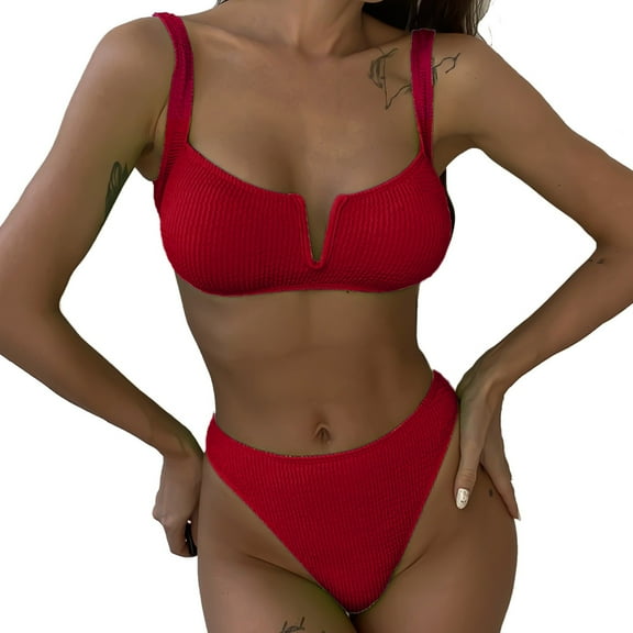 MSJUHEG Womens Bikini,Bralette Bikini Set,Halter String,Summer Swimsuit,High Waisted Bikini Sets for Women,Bikini Sets for Women,Bathing Suits Red L