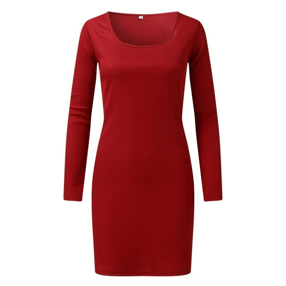 MSJUHEG Womens Dresses Red Dress Womens Long Sleeve Square Neck Split Slim Fit High Waist Stretch Midi Bodycon Dress Mini Dress Red 2Xl