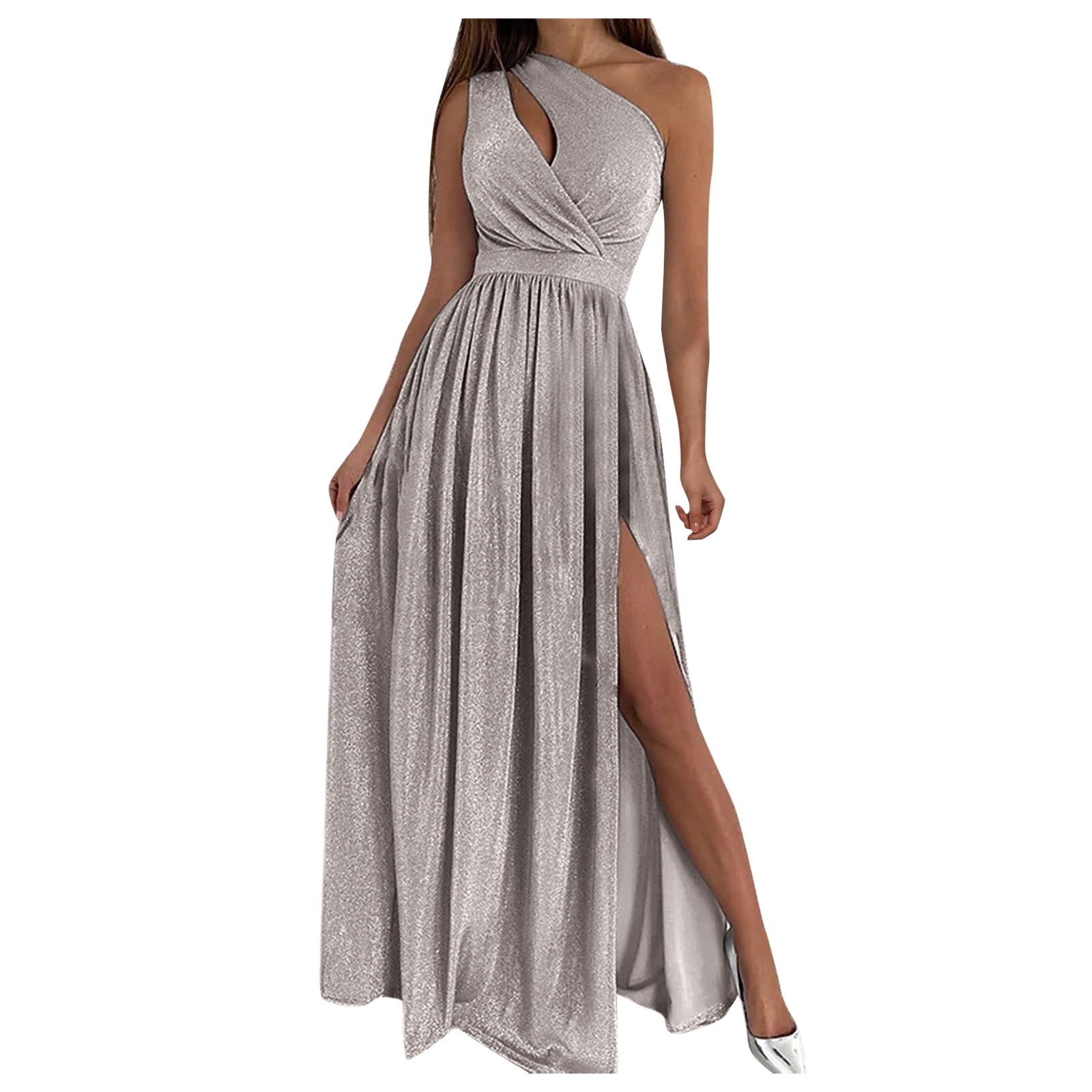 MSJUHEG Womens Dresses Silver Dress Women Long One Shoulder Elegant Evening  Dress Fashion Elegant Dress Party Festive Party Dress With Slit Midi Dress  Silver S - Walmart Business Supplies