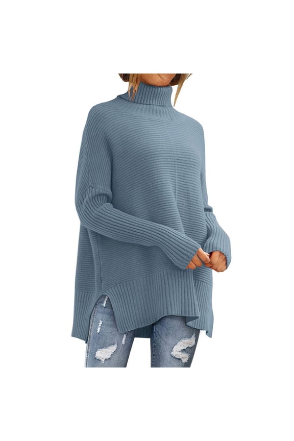 Womens Long Sleeve Tops Turtleneck Sweater Women Viscose Fibre High Neck Pullover Style Long Sleeves Lightweight Women'S Sweaters Blue S