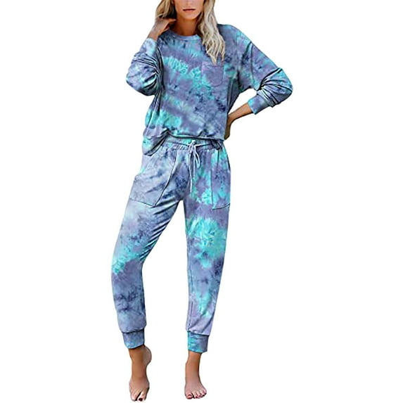 MSJUHEG Womens Loungewear Set Satin Pajama Set for Women Sets for Women 2 Jogger Pajama Long Sleeve Pants Loungewear Sweatsuits Casual Matching Outfits Womens Pajamas Dark Blue 2Xl