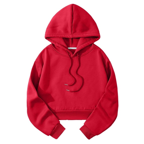 MSJUHEG Womens Relaxed‑Fit Trendy Cropped Hooded Sweatshirt, Long Sleeve Drop‑Shoulder Pullover, Drawstring Hood and Kangaroo Pocket, Soft Casual Top for Varied Daily Occasions A1 Red L