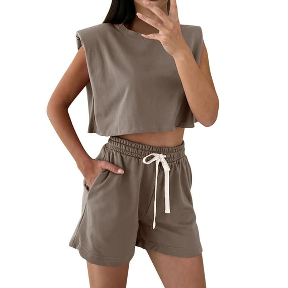 MSJUHEG Womens Sets Plus Size Short Sets Summer Lounge Sets for Women Plus Size Lounge Sets for Women Two Piece Short Set for Women Biker Short Set 2 Piece Workout Sets for Women Khaki S