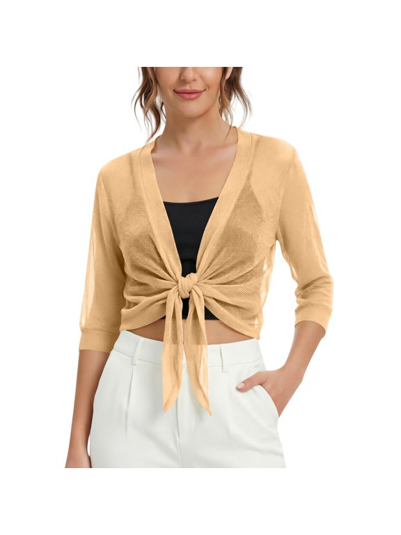 Womens Sheer Cropped Cardigan 3/4 Sleeve Tops Lightweight Cardigan Soft Chiffon Sheer Jacket Cardigan for Dress Ruffle Detail Cardigan Jacket Casual Blouse Tops Yellow L