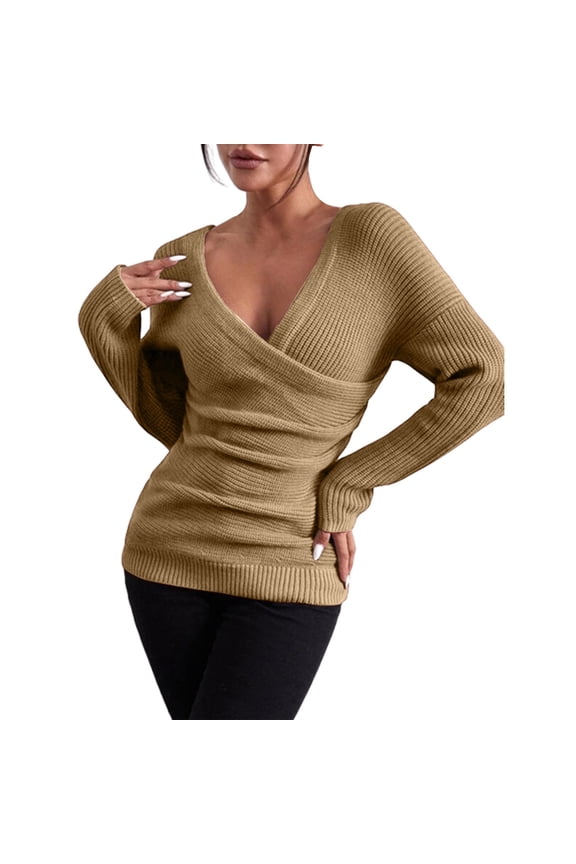 Womens Sweaters Womens Long Sleeve Tops Polyester V Neck Pullover Style Long Sleeves Lightweight Knit Sweater For Women Khaki M
