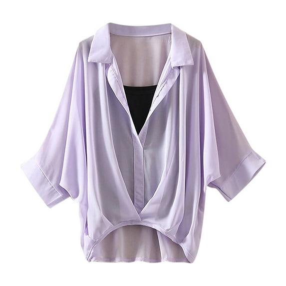 MSJUHEG Womens Tops Leather Jacket Fashion Women Chiffon Turn-Down Collar Solid Short Batwing Sleeve Shirt Tops Leather Jacket Women Purple Xxl