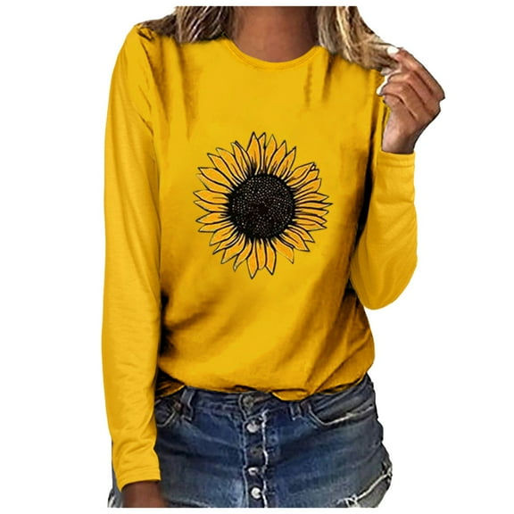 MSJUHEG Womens Tops Long Sleeve Shirts for Women Print T-shirt Top Sunflower Pullover O-neck Sweatshirt Blouse Sleeve Long Blouse Womens Long Sleeve Tops Womens Sweaters Shirts for Women Yellow M