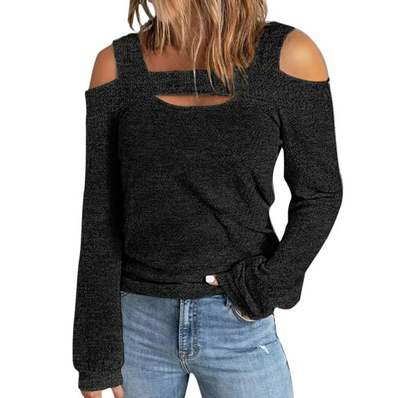 MSJUHEG Womens Tops Off The Shoulder Tops For Women Women Solid Blouse Casual Long Sleeve Off Shoulder Shirts Blouse Tops Womens Fall Tops Black L