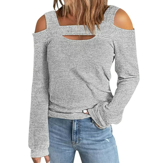 MSJUHEG Womens Tops Off The Shoulder Tops For Women Women Solid Blouse Casual Long Sleeve Off Shoulder Shirts Blouse Tops Womens Fall Tops Gray S