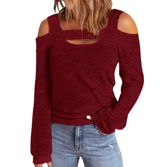 MSJUHEG Womens Tops Off The Shoulder Tops For Women Women Solid Blouse Casual Long Sleeve Off Shoulder Shirts Blouse Tops Womens Fall Tops Red Xl