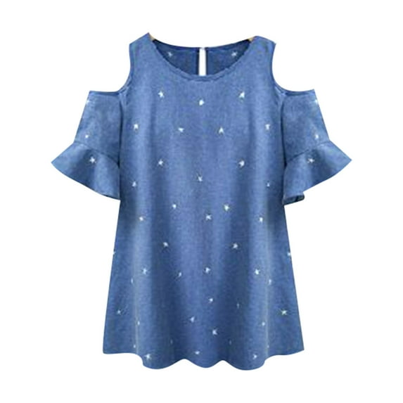 MSJUHEG Womens Tops Plus Size Tops For Women Women Off Shoulder Plus Size Blouse Short Sleeve Loose Top Shirt Workout Tops For Women Blue Xxxxl