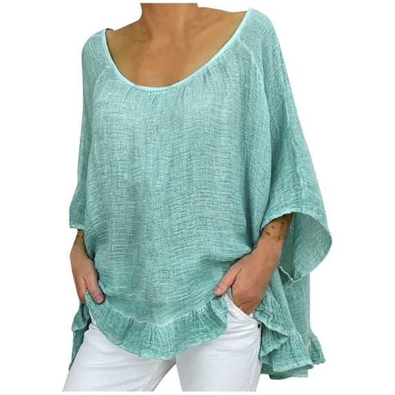 MSJUHEG Womens Tops Plus Size Tops For Women Women Plus Size Loose Three Quarter Sleeve Polka Dot O-Neck Pullover Tops Shirt Workout Tops For Women Light Blue Xxxxxl