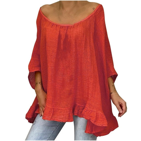 MSJUHEG Womens Tops Plus Size Tops For Women Women Plus Size Loose Three Quarter Sleeve Polka Dot O-Neck Pullover Tops Shirt Workout Tops For Women Orange Xxxl