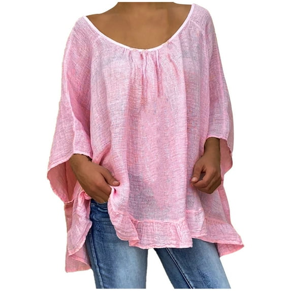 MSJUHEG Womens Tops Plus Size Tops For Women Women Plus Size Loose Three Quarter Sleeve Polka Dot O-Neck Pullover Tops Shirt Workout Tops For Women Pink Xxxl