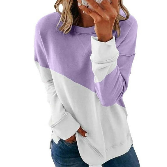 MSJUHEG Womens Tops Womens Long Sleeve Tops Woman'S Casual Stitching Contrast Color Long Sleeve Blouse Pullover Tops Womens Fall Tops Purple M