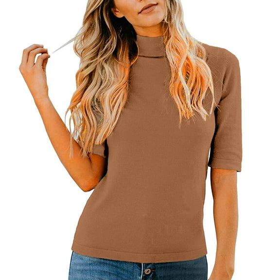 MSJUHEG Womens Tops Workout Tops for Women Tops for Women Trendy Shirts for Women's Summer Stand Collar Middle Sleevet Shirt Solid Casual Coffee S
