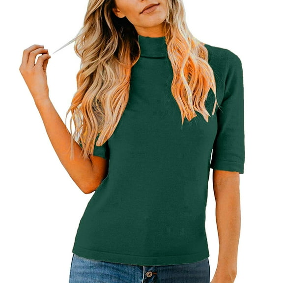 MSJUHEG Womens Tops Workout Tops for Women Tops for Women Trendy Shirts for Women's Summer Stand Collar Middle Sleevet Shirt Solid Casual Green S