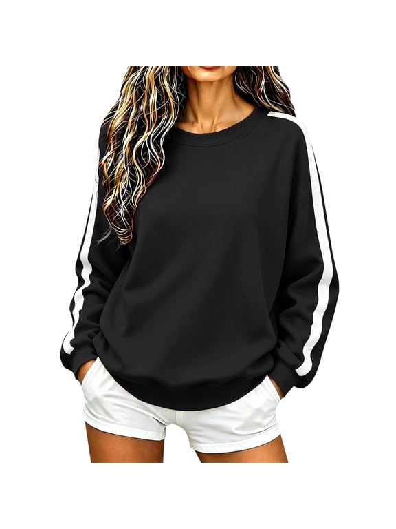 Womens Varsity Striped Drop Shoulder Sweatshirt, Crewneck Long Sleeve Pullover, Oversized Loose Casual Sweatshirt for Everyday Fall Looks A1 Black M