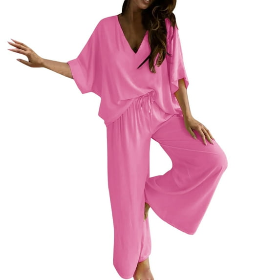 MSJUHEG Workout Sets For Women Blouses For Women Dressy Casual Womens V Neck Bat Sleeve Top Casual Pants Two Piece Suit Lounge Sets For Women Pink M