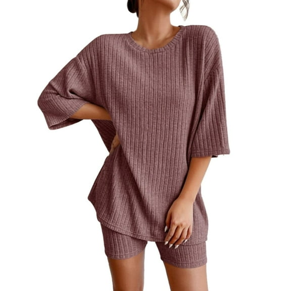 MSJUHEG Workout Sets For Women Crewneck Sweatshirts Ladies Casual Set Pajamas Rib Knit Short Sleeve T Shirt And Shorts Loungewear Summer Lounge Sets For Women Red L