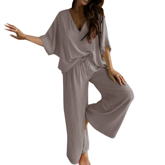 MSJUHEG Workout Sets For Women Blouses For Women Dressy Casual Womens V Neck Bat Sleeve Top Casual Pants Two Piece Suit Lounge Sets For Women Khaki Xxl