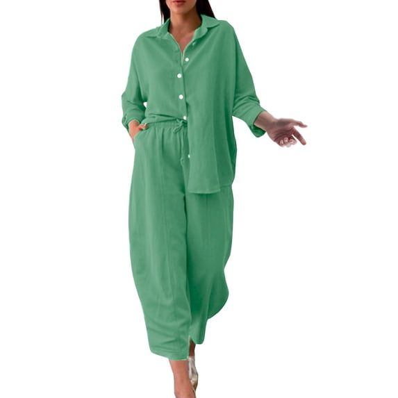 MSJUHEG Workout Sets For Women Shirts For Women Women 2 Piece Retro Plus Size Cotton And Shirt Suit High Waist Slacks Suit Top Pants Long Sleeve Lounge Sets For Women Mint Green L