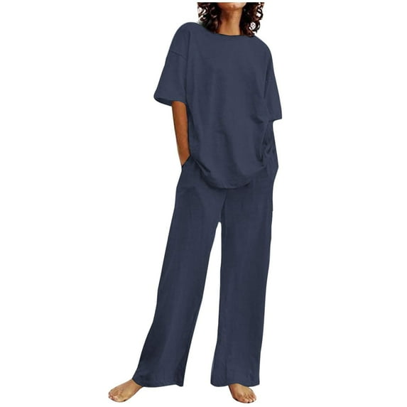 MSJUHEG Workout Sets for Women Travel Outfits for Women Tank Crop Top Wide Leg Pants Set Two Piece Sets for Women Dressy Summer Outfits for Women Lounge Sets for Women Navy 4XL