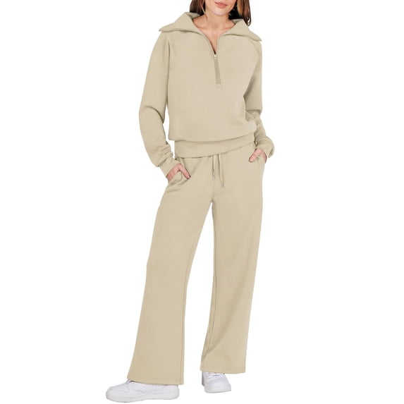 MSJUHEG Workout Sets For Women Womens Long Sleeve Tops Women Two Piece Outfits Sweatsuit Set Quarter Zip Sweatshirt Wide Leg Sweatpant Fall Set Tracksuit Lounge Sets For Women Yellow Xxl