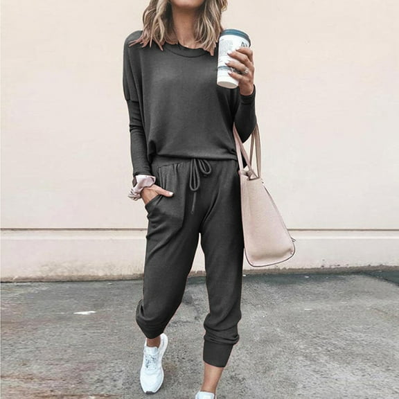 MSJUHEG sweatpants women,womens jogger set,womens sweatsuits,Fashion O-neck Solid Pullover Long Sleeve Bandage Loose Pants Sweatsuits,vacation outfits for women,western outfit for women Dark Gray XL