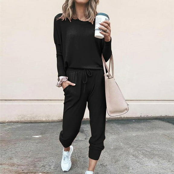 MSJUHEG sweatsuits women 2 piece outfit,womens loungewear set,track suits for women set,O-neck Pullover Bandage Pants Sweatsuits,petite lounge sets for women,jogger sets for women 2 piece Black L