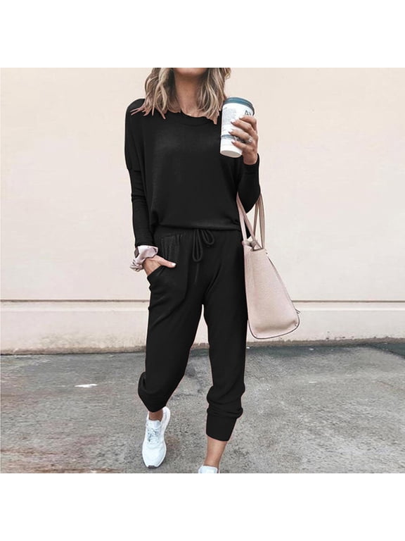 sweatsuits women 2 piece outfit,womens loungewear set,track suits for women set,O-neck Pullover Bandage Pants Sweatsuits,petite lounge sets for women,jogger sets for women 2 piece Black L