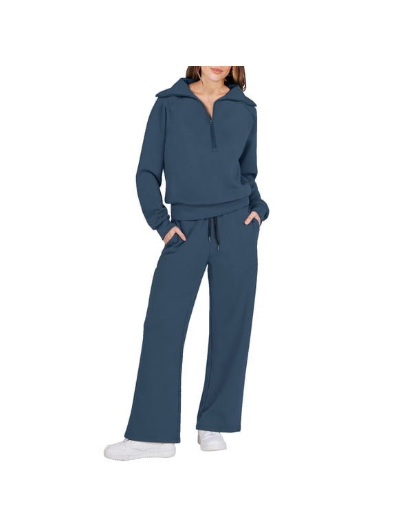 track suits for women set,petite lounge sets for women,jogger sets for women 2 piece,Two Piece Outfits Set Wide Leg Sweatpant Set Tracksuit,travel outfits for women,jogging suits Dark Blue XL