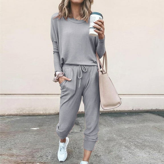 MSJUHEG womens jogger set,womens sweatsuits,vacation outfits for women,Women Fashion O-neck Solid Pullover Long Sleeve Bandage Loose Pants Sweatsuits,western outfit for women,vacation outfits Gray 2XL