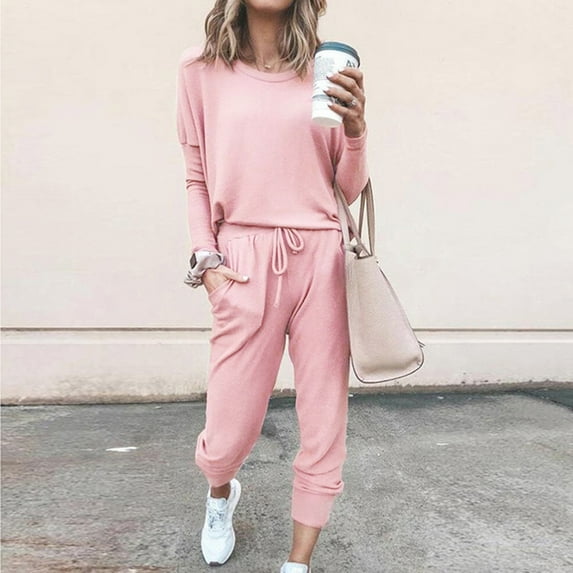 MSJUHEG workout sets for women,christmas outfits for women,women outfits,O-neck Solid Pullover Long Sleeve Bandage Loose Pants Sweatsuits,2 piece outfits for women,casual outfits for women Pink L