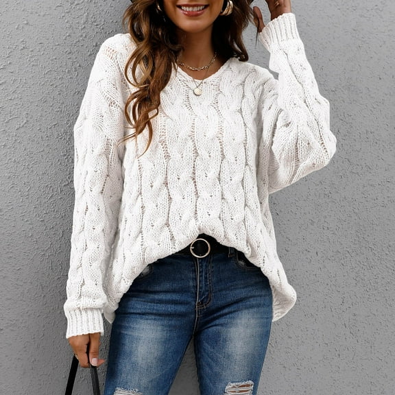 MSJbahu Chunky Trendy Womens Sweaters White Cable Knit Solid V-Neck Long Sleeve Pullover Tops for Teen Cozy