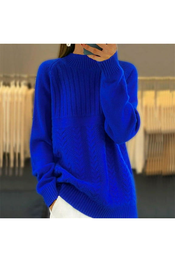 MSJbahu Dressy Womens Sweaters Knitted Blue Crew Neck Long Sleeve Solid Chenille Pullover Sweaters for Teen Work