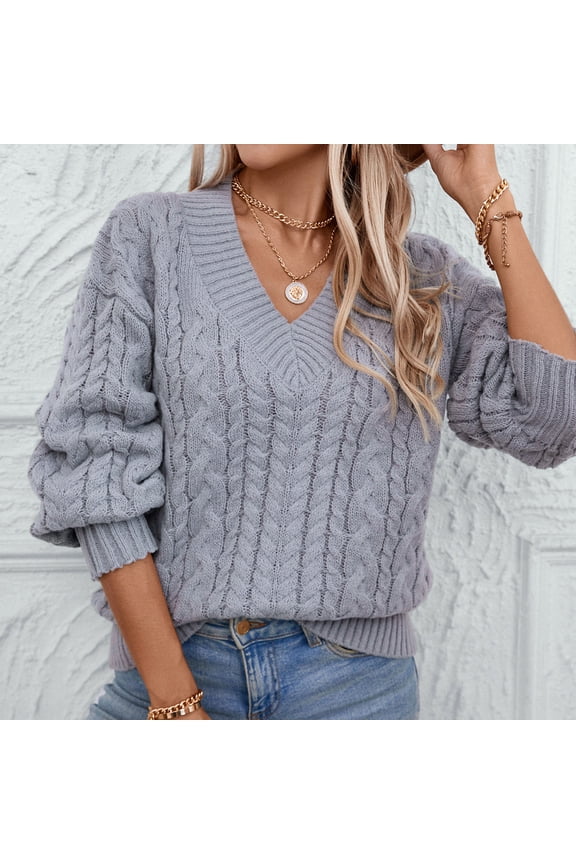 MSJbahu Fall Womens Sweaters Chenille Gray Cable Knit Solid Long Sleeve V-Neck Pullover Ladies Sweaters Fitted