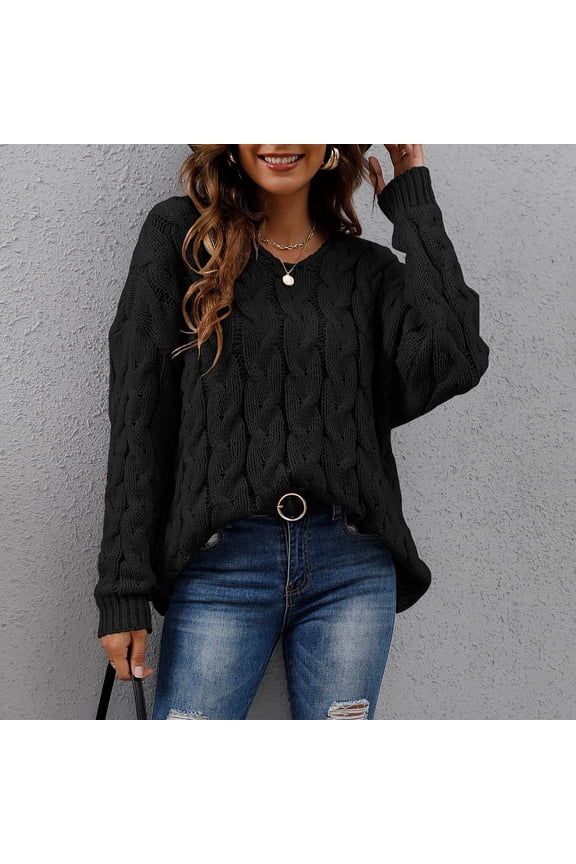 MSJbahu Fitted Womens Sweaters Chunky Black Long Sleeve Solid Cable Knit V-Neck Pullover Teens Tops Work